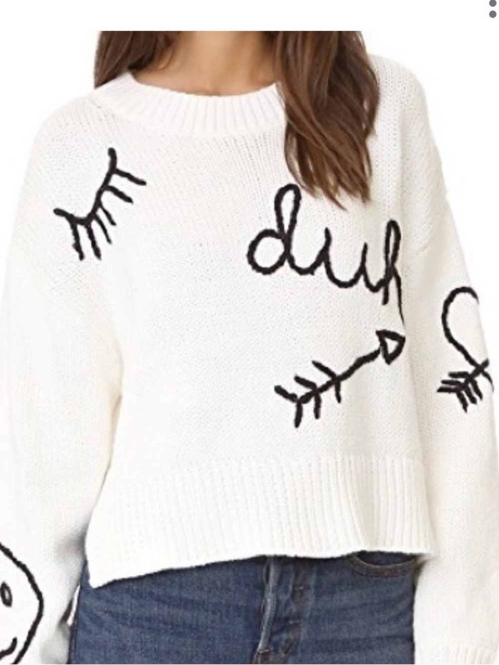 Wildfox White Knit Crew Sweater with Black Graphic Stitch